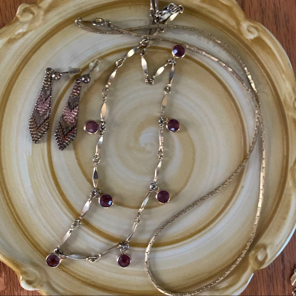 VTG Gold violet crystal bezel necklace small anchor chain chevron drop earrings - Picture 7 of 10